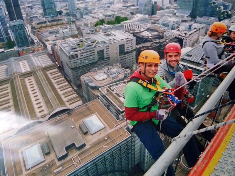 Ryan Dent, manager at Flip Out London E6, begins his 540ft abseil attempt
